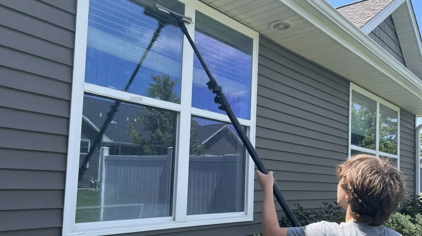 Professional window washing on a residential home in the Quad Cities